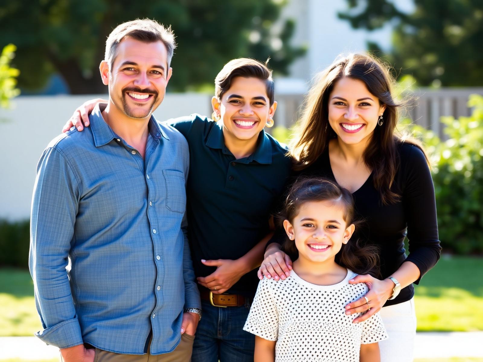 A happy Hispanic family smiling together outdoors